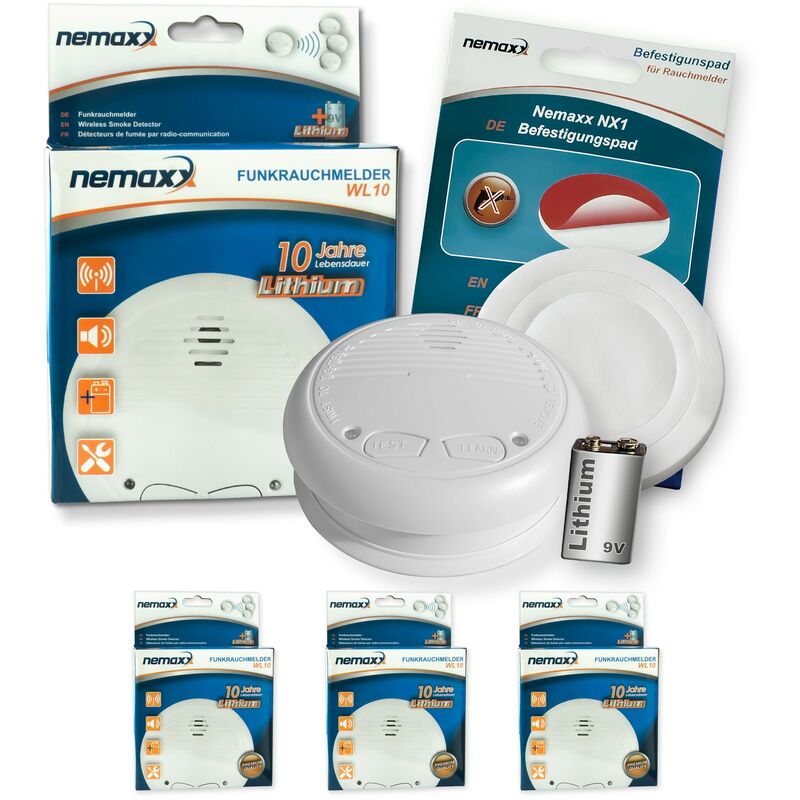 

3x WL10 detector de humo inalámbrico - con 10 años de batería de lítio- de acuerdo con la norma DIN EN 14604 + 3x NX1 Pad de fijación de soporte