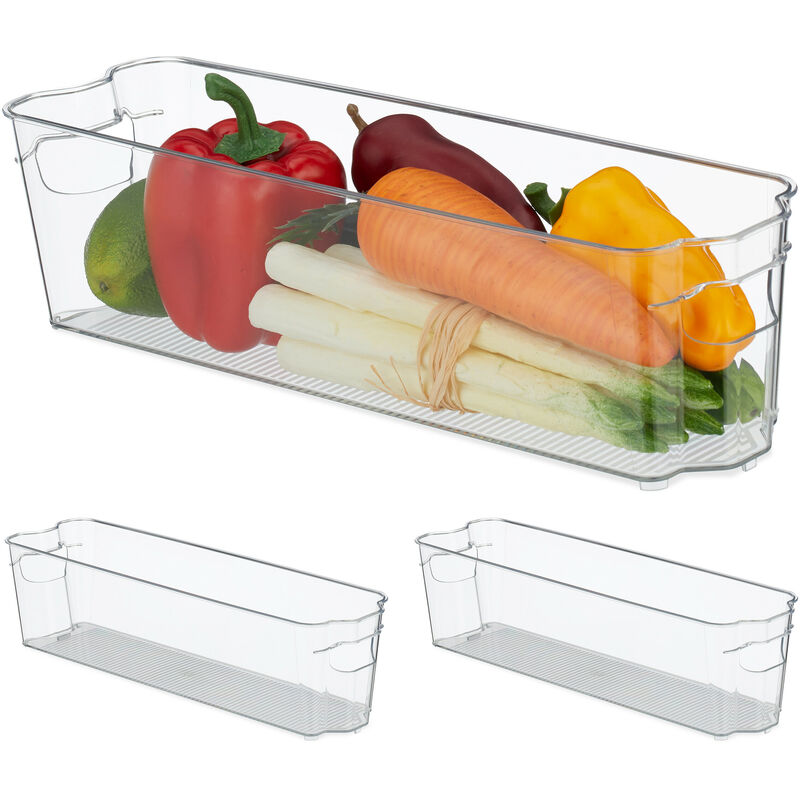 Image of 3x Organizer da Frigorifero, Contenitore da Cucina, Box per Alimenti, 10 x 38 x 10,5 cm, con Manici, Trasparente