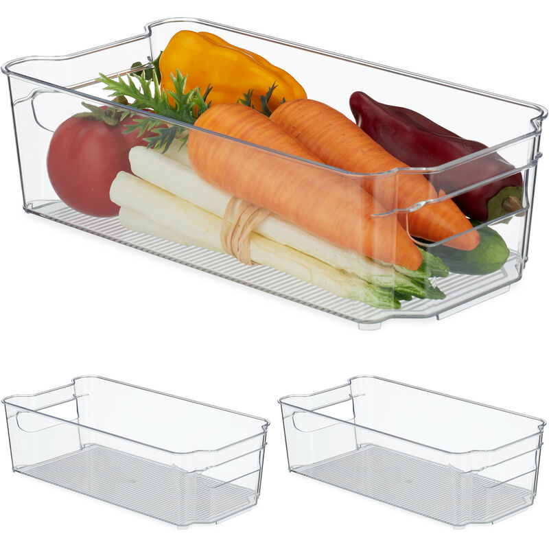 Image of 3x Organizer da Frigorifero, Contenitore da Cucina, Box per Alimenti, 9 x 31,5 x 15,5 cm, con Manici, Trasparente
