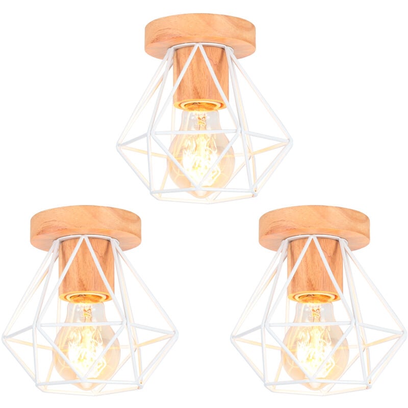 Wottes - 3x Plafonnier Industriel Rétro Créatif fer Diamant Cage Lampe de Plafond en Bois Blanc