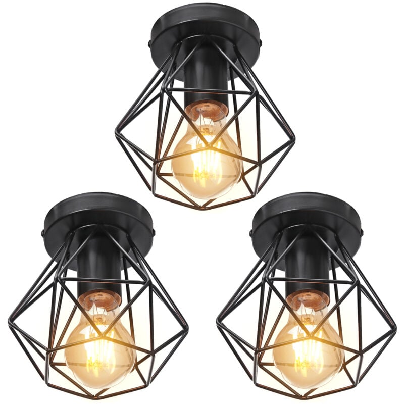 3X) Plafonnier Rétro Lampe De Plafond D'Intérieur Vintage Noire Luminaire Plafonnier Cage En Fer Métallique , Pour Cuisine, Bureau