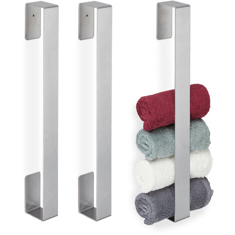 3x porte-serviettes, inox 430, autoadhésif, cuisine, salle de bain, sans perçage, HxLxP 45 x 4 x 6 cm, argenté
