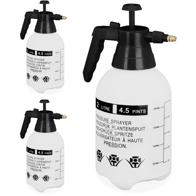 3x pulvérisateurs à pression de 2 litres, buse réglable en laiton, eau & désherbant, pulvérisateur jardin, blanc/noir