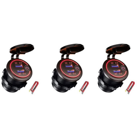 3X QC 3.0 Double Prise de Chargeur USB, Prise USB éTanche 12 V/24 V avec Interrupteur Tactile pour Voiture, Marine, Bateau, Camping-Car, Moto, Rouge