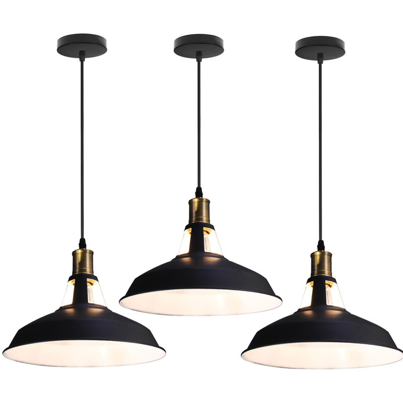 3X Vintage Pendant Light, Hanging Light with Dome Metal Lampshade, Retro Industrial Chandelier for Kitchen Island (Black & White, Ø27cm)