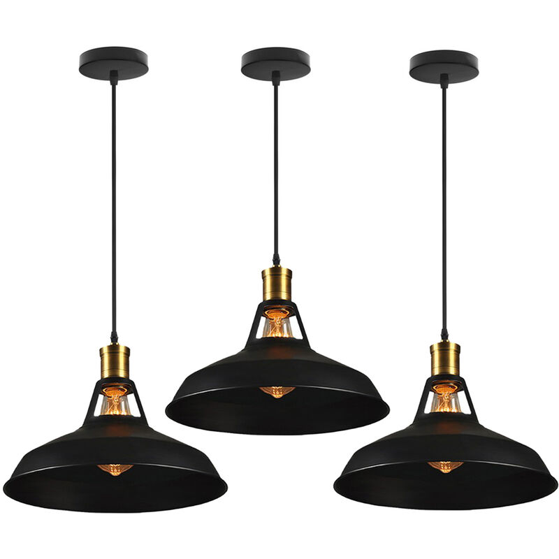 3pcs Vintage Pendant Light, Hanging Light with Dome Metal Lampshade, Retro Industrial Chandelier (Black, Ø27cm)