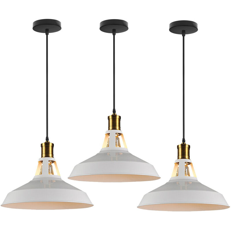 3X Vintage Pendant Light, Hanging Light with Dome Metal Lampshade, Retro Industrial Chandelier (White, Ø27cm)
