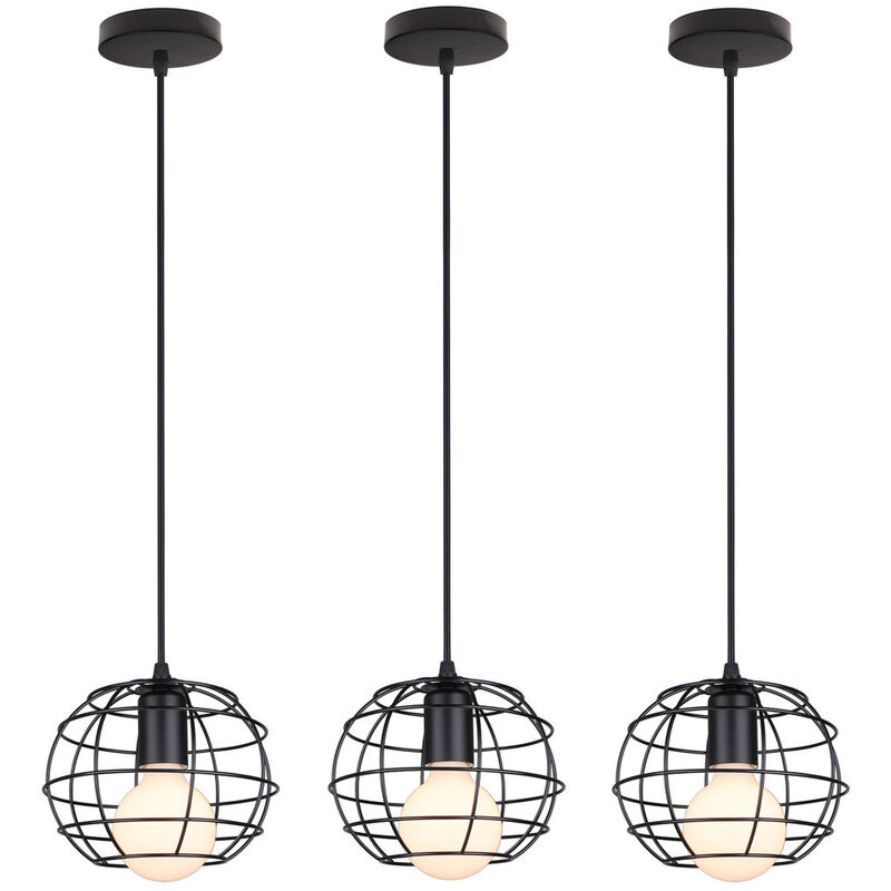 3X Round Cage Pendant Light Antique Industrial Ceiling Lamp Metal Pendant Lamp for Cafe Bar Club Black E27 Bulb
