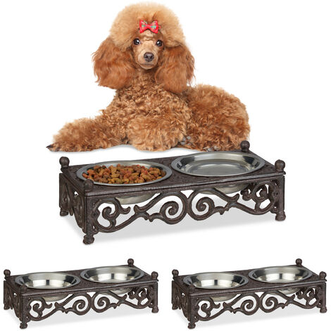 3x Supporto Ciotole per Cani di Taglia Piccola, Stile Antico Rustico in Ghisa, Scodelle Acciaio Inox da 250 ml, Marrone