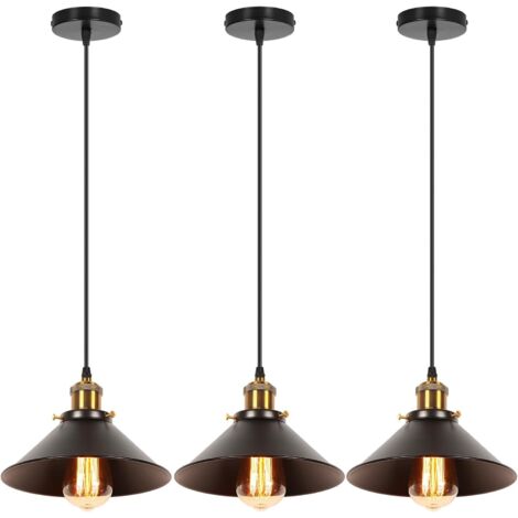 3x Suspension Luminaire Industriel, Design Rétro, Douille E27, Métal Noir, Pour Salon Cuisine