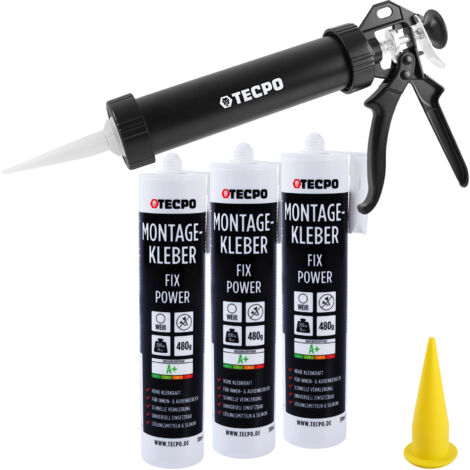 3x TECPO Universal Montagekleber Ultra FIX Power Baukleber 480g Weiß + Alu-Kartuschenpresse 220 mm