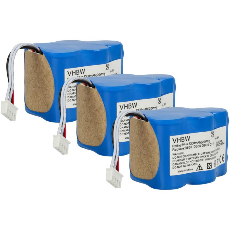 

3x Ni-MH batería 3300mAh (6V) para aspiradora Ecovacs Deebot D62, D63, D65, D73, D73n, D76, D77, D79 por 945-0006, 945-0024, 205-0001, etc. - Vhbw