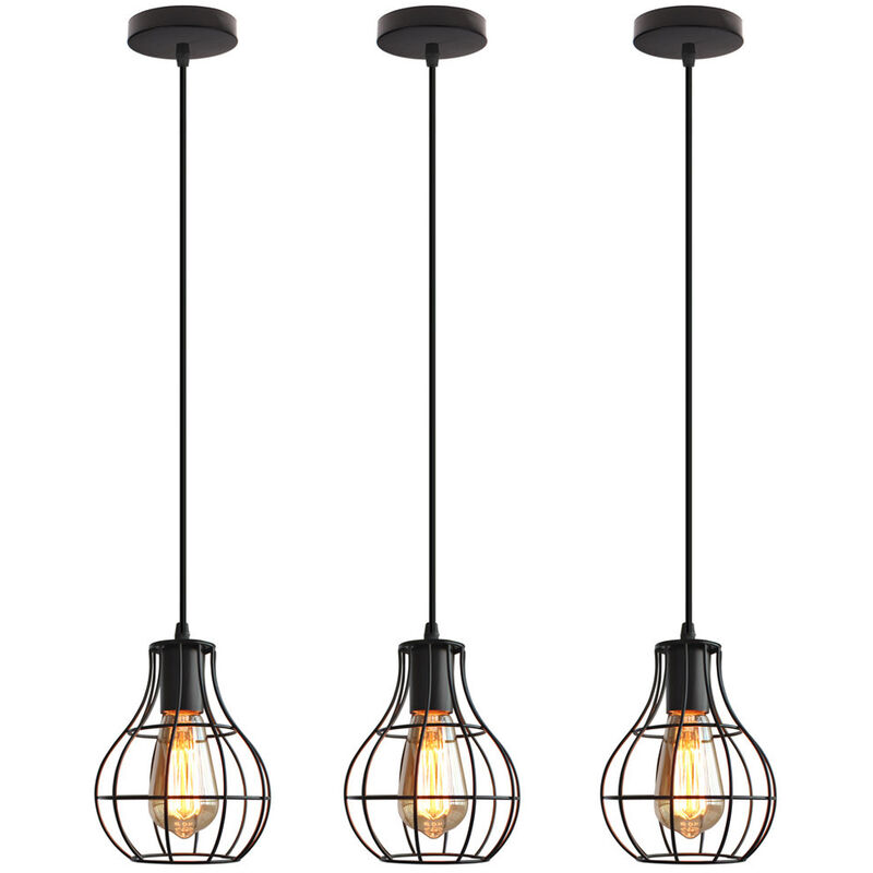 3X Vintage Ceiling Light Metal Round Cage Pendant Light Industrial Pendant Lamp for Dining Room, Kitchen, Black E27