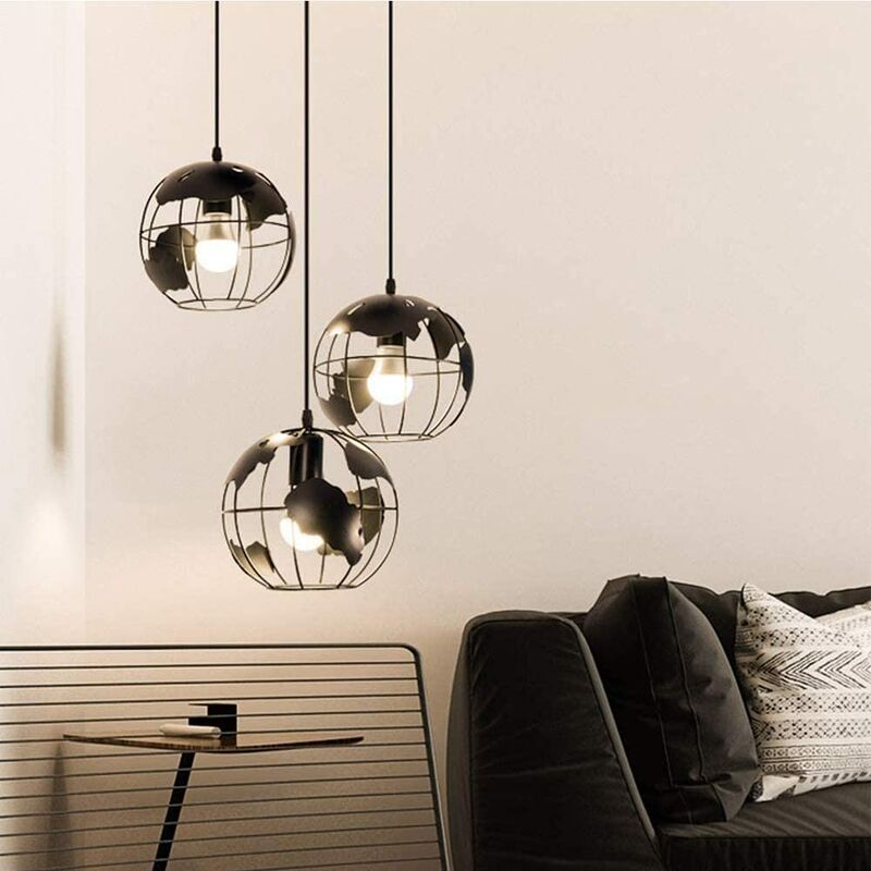 3pcs Vintage Pendant Light Metal Earth Chandelier Retro Hanging Ceiling Light with Globe Shape Cage Lampshade for Kitchen Island Dining Room (Black)