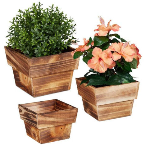 3x Wooden Square Plant Pots