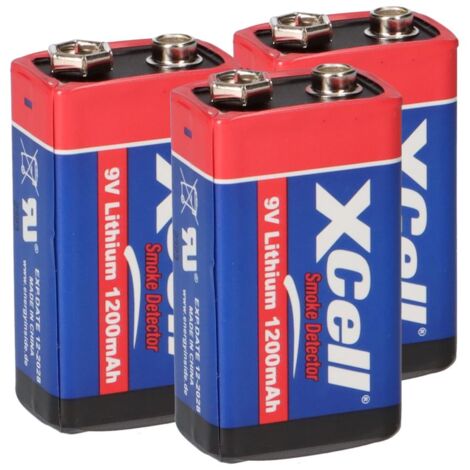 3x XCell Lithium 9V Block Hochleistungs- Batterien für Rauchmelder / Feuermelder - 10 Jahre Batterie Lebensdauer