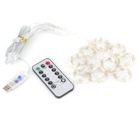 3x2m 200LED USB Télécommande Fil De Cuivre Guirlande Lumineuse 8 Modes pour Fête De Mariage Rideau Lampe DécorationBlanc Chaud