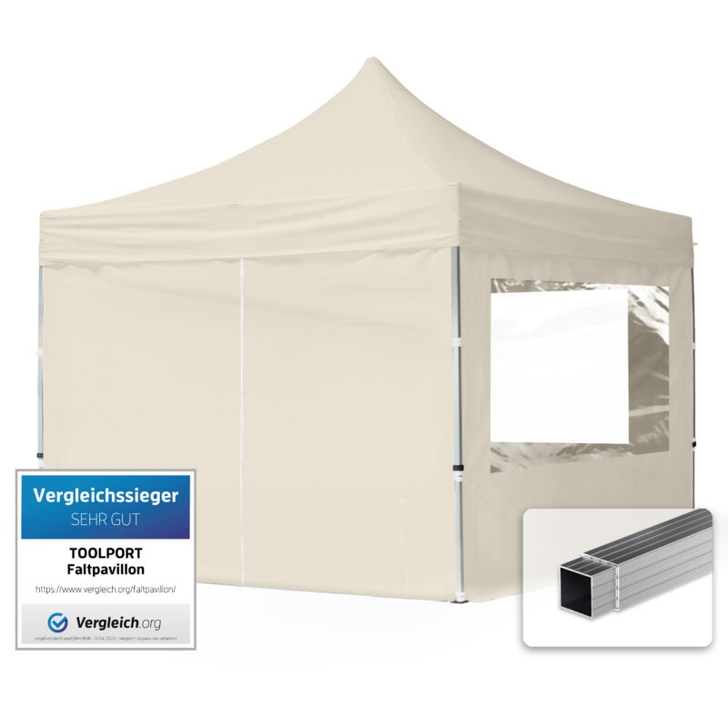 House Of Tents 3x3 Pop Up Gazebo Economy Aluminium 32 Mm, Incl. Sidewalls With Panorama Windows, Cream High Performance Polyester