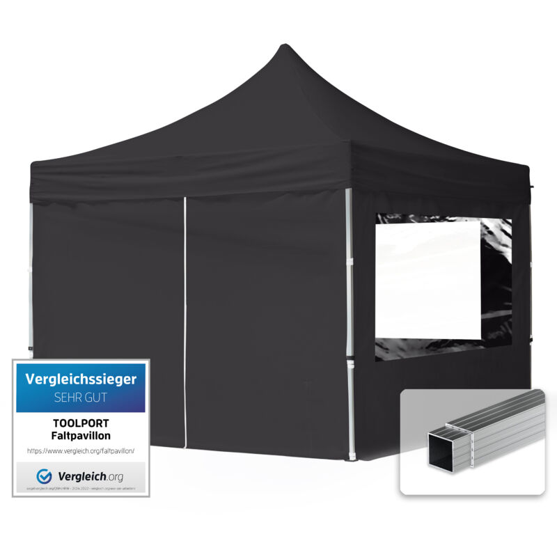 House Of Tents 3x3 Pop Up Gazebo Economy Aluminium 32 Mm, Incl. Sidewalls With Panorama Windows, Black High Performance Polyester