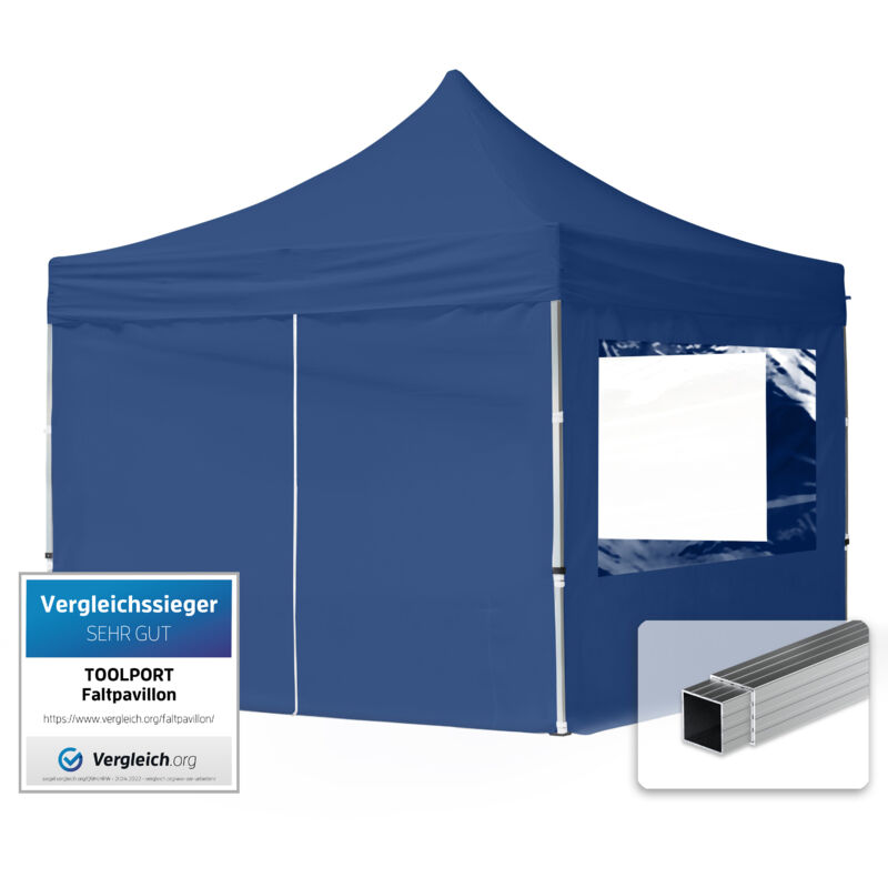 House Of Tents 3x3 Pop Up Gazebo Economy Aluminium 32 Mm, Incl. Sidewalls With Panorama Windows, Dark Blue High Performance Polyester