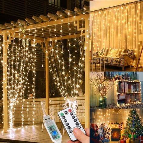 3x3m Guirlande Lumineuse 300 LED Rideau Lumineux 8 Modes d'Eclairage Intérieur Extérieur Decoration Mariage Sapin Noel Blanc chaud