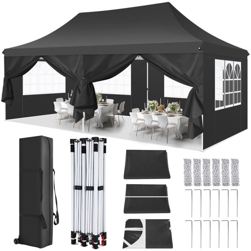 3x3m Tonnelle de jardin Pliante Imperméable, Barnum pliant avec 2 portes et 2 fenêtres - Sac de transport et lestage, pour camping, pique nique - Noir