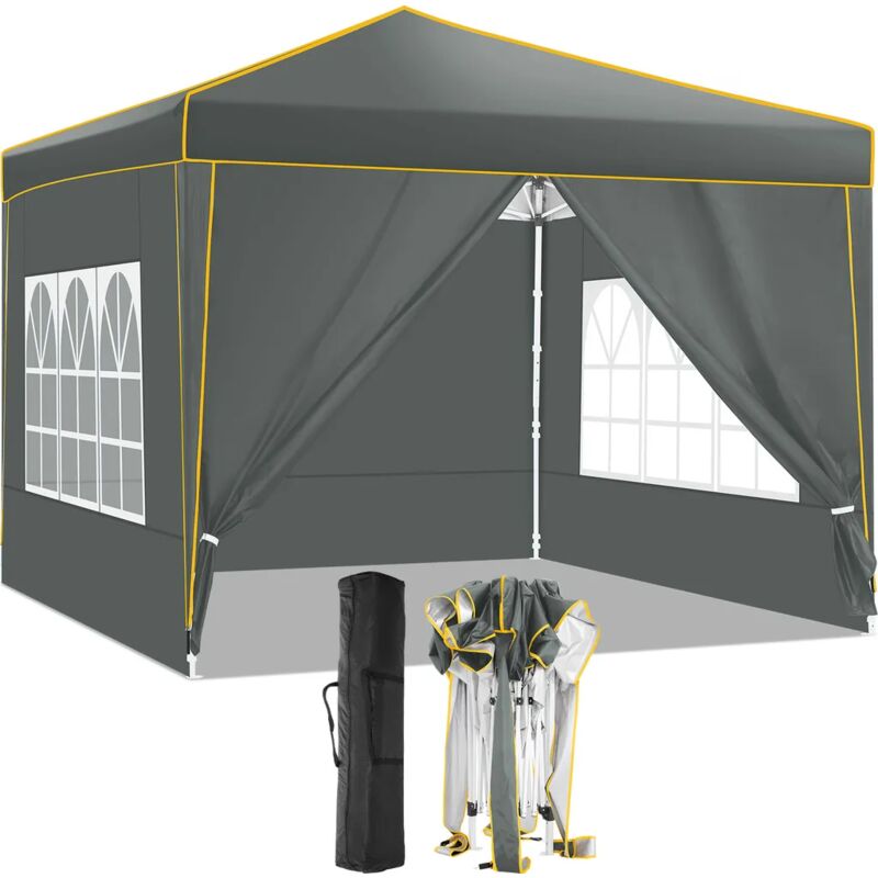 3x3m Tonnelle pliante de jardin Imperméable Anti-UV, Barnum pliant avec 4 parois et sac de transport pour camping, marché, pique-nique, terrasse