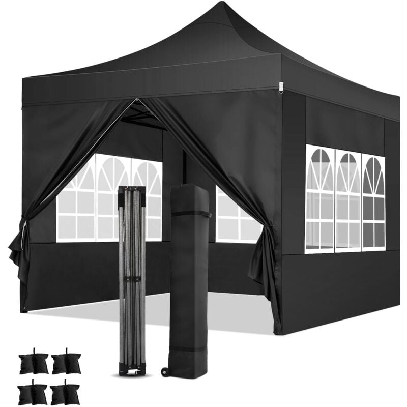 3x3m Tonnelle pliante de jardin Renforcée Imperméable - Tissu Oxford 300D - Barnum pliable avec 4 parois latérales - sac de transport à roulette