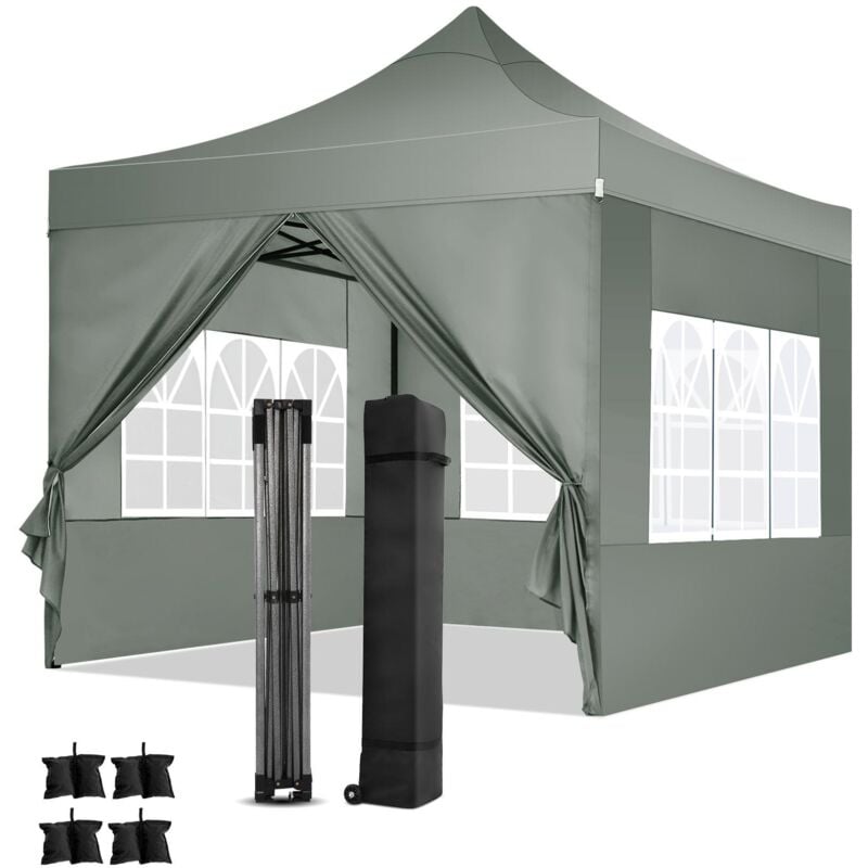 3x3m Tonnelle pliante de jardin Renforcée Imperméable - Tissu Oxford 300D - Barnum pliable avec 4 parois latérales - sac de transport à roulette