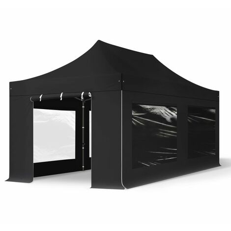 3x6 m Faltpavillon, PREMIUM Stahl 40mm, Seitenteile mit Panoramafenstern, schwarz