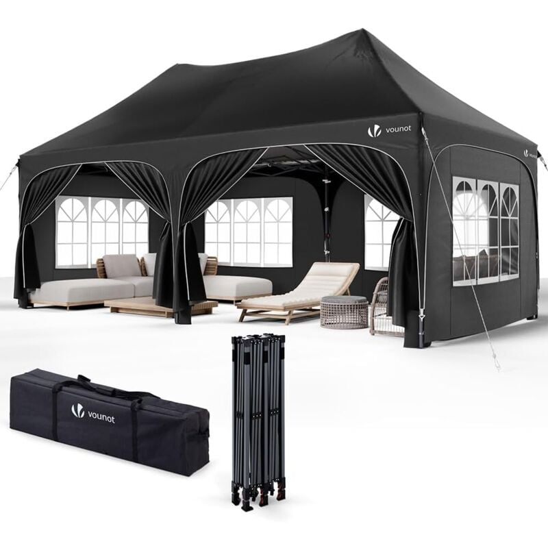 3x6m Gazebo Pieghevole con 6 Pareti Lateral, Impermeabile e Resistente Nero