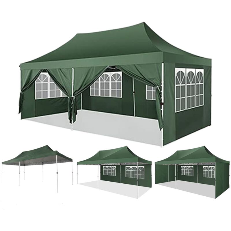 3x6m Tonnelle de Jardin Pliante Anti-UV Imperméable avec parois latérales amovibles, Tente de réception pour Camping, Pique-nique, Activités