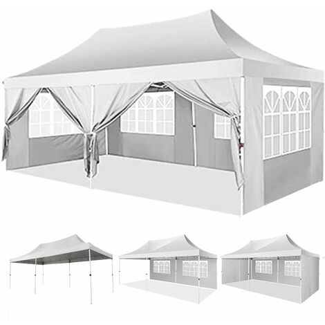 3x6m Tonnelle de Jardin Pliante Anti-UV Imperméable avec parois latérales amovibles, Tente de réception pour Camping, Pique-nique, Activités extérieures Blanc - Blanc