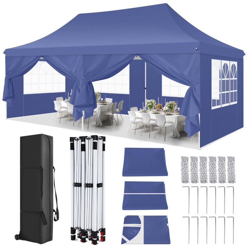3x6m Tonnelle pliante de jardin Pop-up Imperméable Anti-UV, Barnum pliant avec 6 parois latérales amovibles et sac de transport pour mariage, marché,