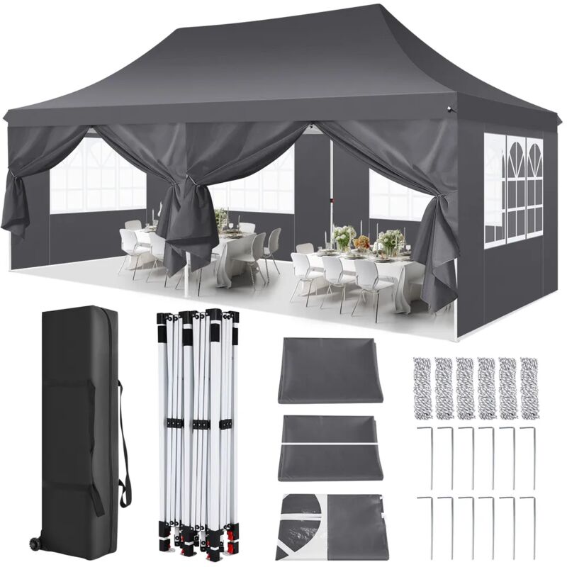 3x6m Tonnelle pliante de jardin Imperméable Anti-UV, Barnum pliant avec 6 parois latérales amovibles et sac de transport pour mariage, marché,