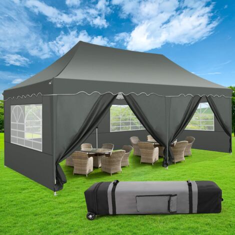 3x6m Tonnelle Pliante de Jardin Imperméable Réglable Anti-UV, Barnum pliant avec Sac de Transport pour Parking, Camping, Festival - 6 Parois latérales amovibles - Gris