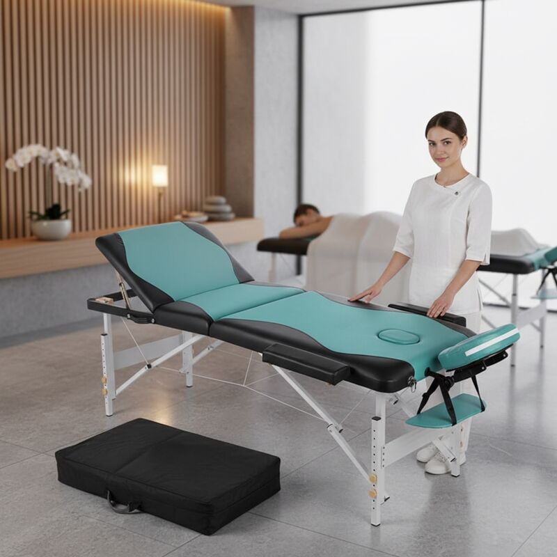 Mucola - 3zones aluminum table de massage 2 couleurs noir / porte. sac cosmetics liege M01