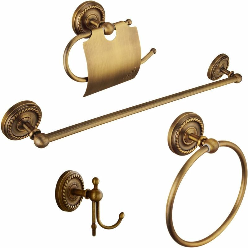 4 accessoires de salle de bain - laiton antique - porte-serviettes 40cm, crochet, porte-papier toilette et porte-serviettes
