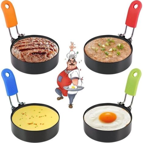 4 Anneaux d'oeuf en Acier Inoxydable, Oeuf au Plat Moule Antiadhésif, Moule à Oeuf avec Poignées Pliantes en Protection Thermique,