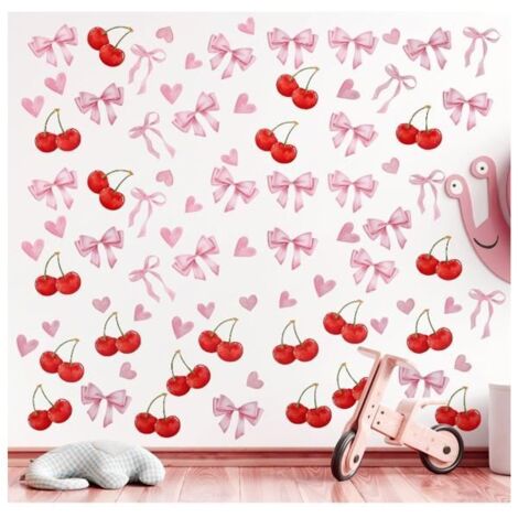 4 autocollants Nœud Papillon, 29,7x19,9cm, motif Cœur Cerise Aquarelle, pour décoration sur porte, miroir ou vitre.