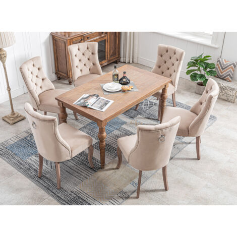 4-Bein-Stuhl, Esszimmerstuhl aus beigem Samt, hohe Rückenlehne, mit Knopfsteppung, Massivholzstruktur, beige, (Set, 6 Stück)