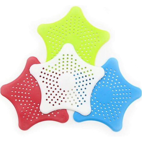 4 Betterlife Hair Filter, Strainer Sewer Drain Filter, Kitchen Sink Strainer, Shower and Bath Waste Strainer, Bathtub Drain Cover, Colorful Starfish Silicone Hair Catcher（Green+Blue+White+Red）