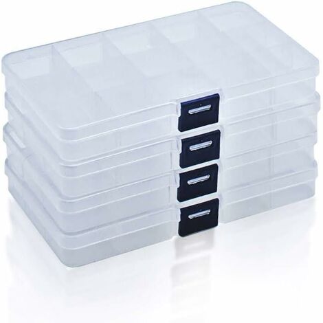 4 Boîtes de Rangement en Plastique avec Couvercle, Boîtes de Rangement avec 15 Compartiments Réglables et Détachables pour Perles, Bibelots, Vis, Bijoux, etc. (4 Chambres)