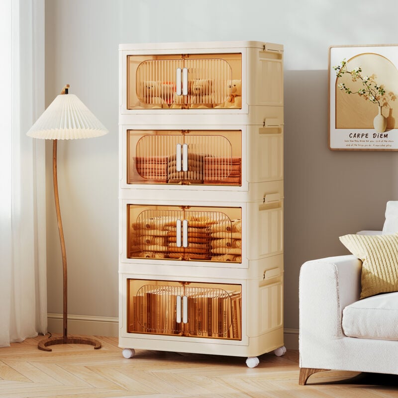 4 Boites Organisateur de Rangement Plastiques Pliable avec Roulettes,Anti-poussière,Boite Caisses de rangement pour Salon,Chambre,Couloir