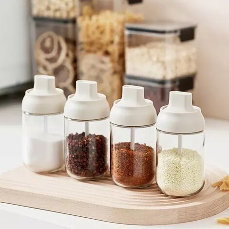 4 botellas transparentes antiescaldaduras para condimentos, tarro hermético para especias, recipiente para azúcar, sal y pimienta, juego de vajilla con cuchara para el hogar y el restaurante.