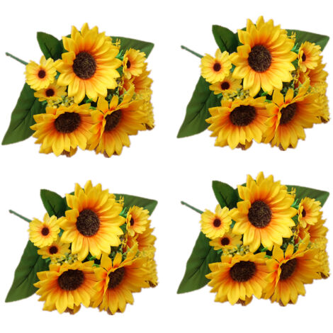 4 bouquets de tournesols artificiels - plantes et fleurs artificielles en plastique aux couleurs inaltérables.