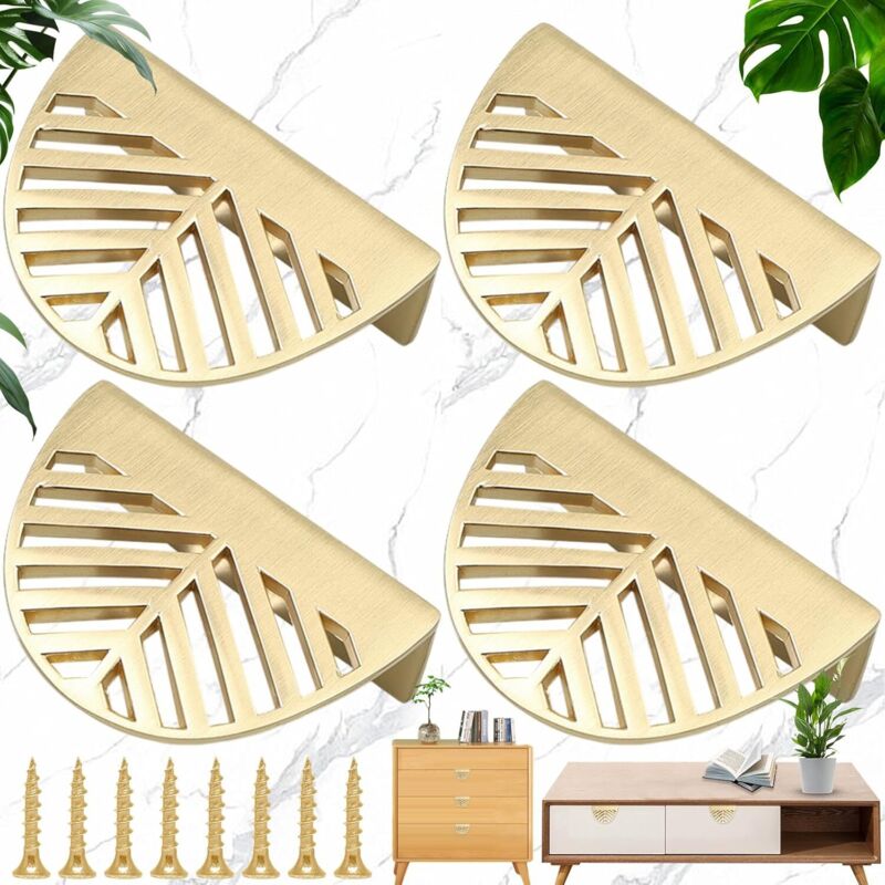 4 boutons de meuble dorés forme feuille en laiton avec vis pour portes d’armoires