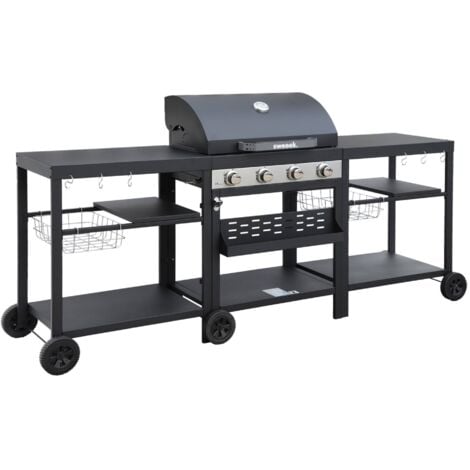 4-burner barbecue, outdoor kitchen, Danglars, Black, 223.5x60.5x142 cm