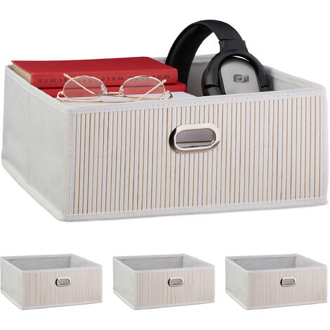 4 Cestos Almacenaje Bambú, Cestitas Cuadradas Tela Baño, Cajas Bajas Estante, 14 x 31 x 31 cm, Asa, Plegables, Blanco