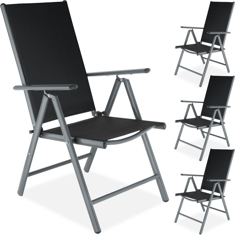 Tectake - 4 Chaises de Camping ou de Jardin Pliables Aluminium avec Accoudoirs et Dossier Haut Gris Anthracite Noir